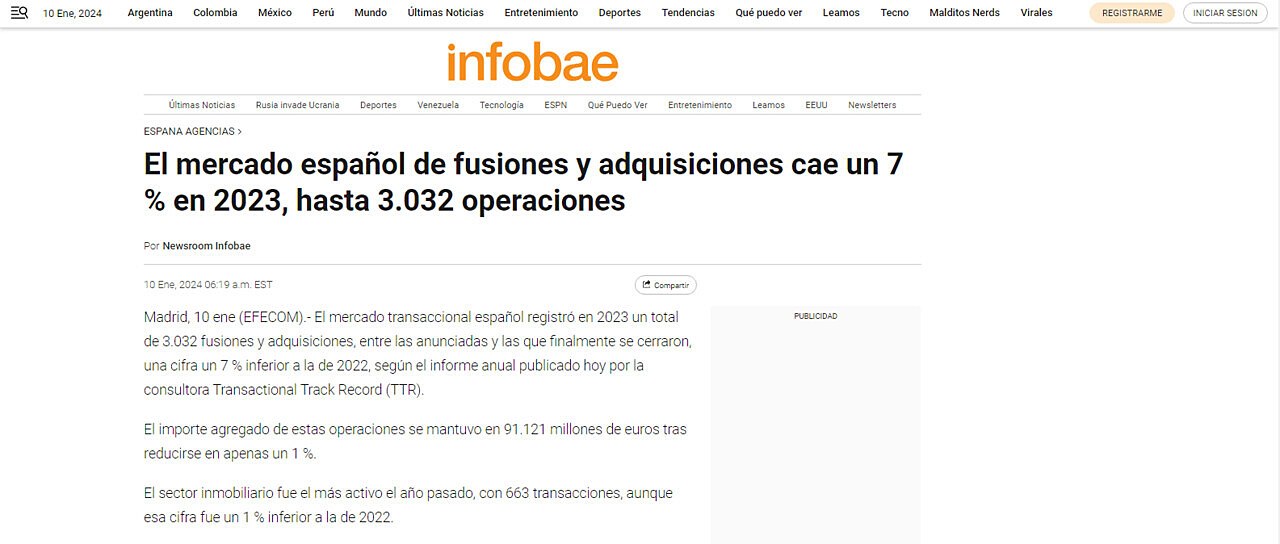 El mercado espaol de fusiones y adquisiciones cae un 7 % en 2023, hasta 3.032 operaciones